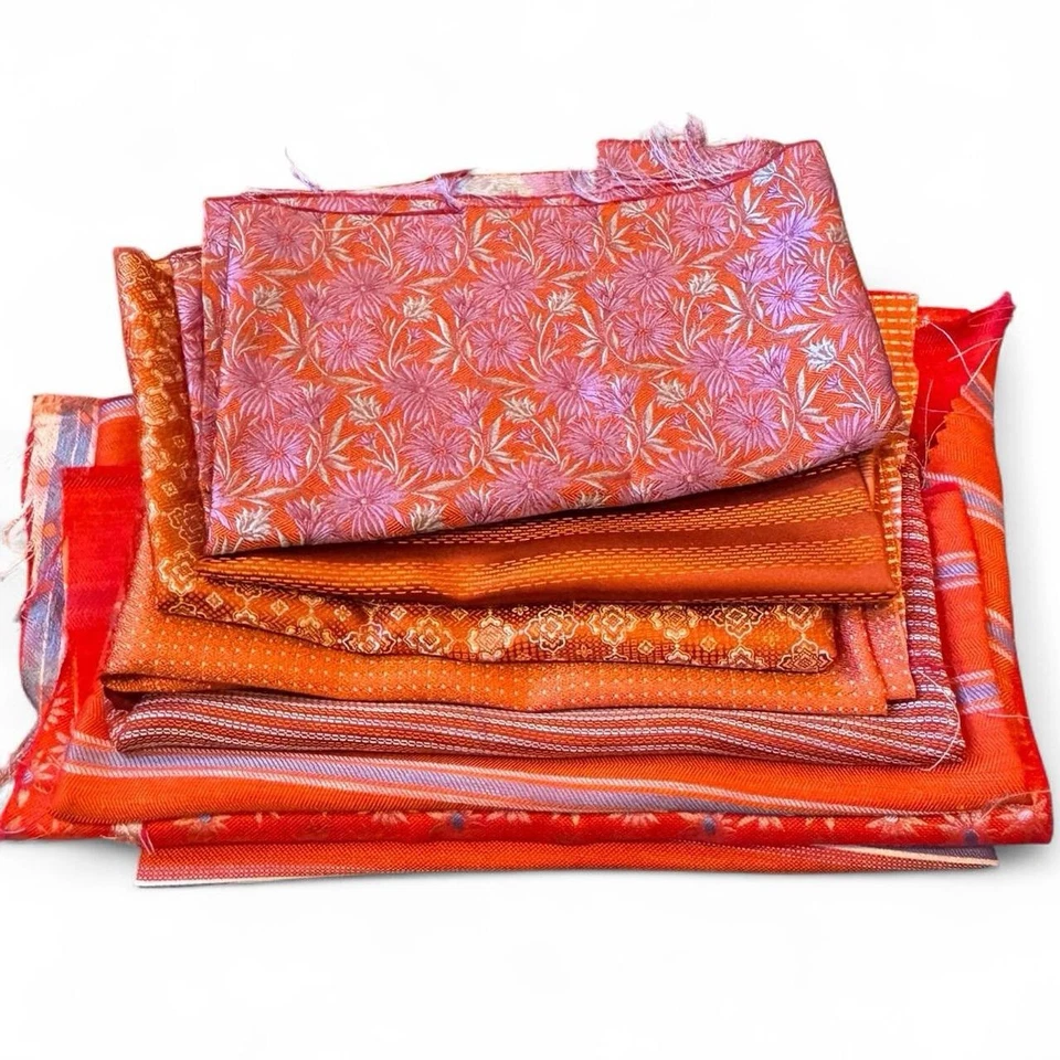 Bundle of 8 bright orange and multicolored 100% Italian silk fabric - Image 1 of 4