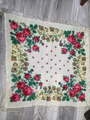 Antique Shawl  Russian Scarf Vintage USSR Floral Roses Flowers - Image 1 of 4