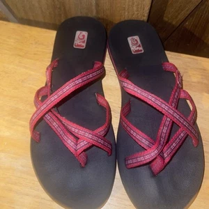Teva Wedge Sandals Flip Flops Size 10W Red Straps Women’s - Picture 1 of 8