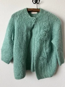 Vintage 50s Teal  Mohair/Wool  Cardigan Sweater Flower Women’s  Open Front - Picture 1 of 16