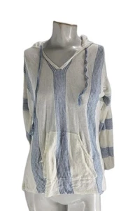 Margaret O'Leary Women's Sweater Small Linen Knit Blue White Striped Hooded - Picture 1 of 8
