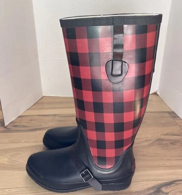 Rare LL Bean Wellies Red Black Buffalo Plaid Rain Boots Women's Size 10 M - Image 1 of 4
