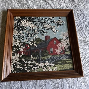 Vintage MCM Kay Dee 60’s Floral On Linen Framed Art Red House & Flowers Signed - Picture 1 of 9