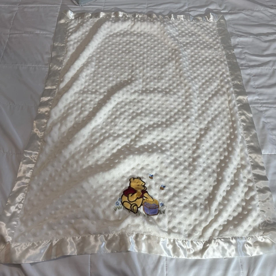 Vintage Kids Line Winnie The Pooh Baby Blanket White Minky Dot Satin Trim 29x40 - Image 1 of 4