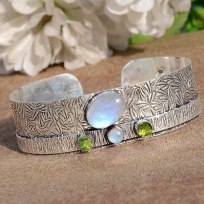 Big Moonstone Peridot Cut Gemstone 925 Sterling Silver Cuff Bangle For Life Line - Image 1 of 4