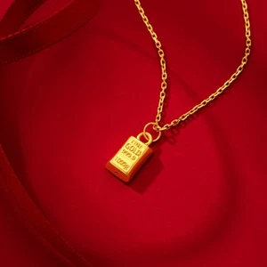 Gold 999 Full Gold Instant Rich Small Gold Bar Pendant Gold Brick Necklace 0.3g - Picture 1 of 12