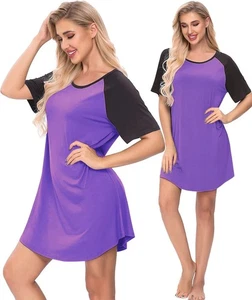 Damen Nachthemd Baumwolle Kurzarm Sommer Nachtwäsche Schlafanzug Lila M - Bild 1 von 1