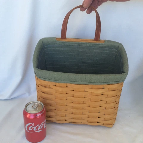 Longaberger Medium Wall Pocket Basket & Protector Warm Brown Leather Handle Sage Cover