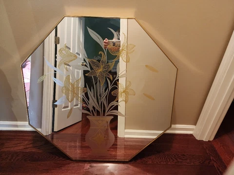 Octagon Wall Mirror Etched MCM Art Deco Vintage Floral Design  36"x36" HUGE Cover