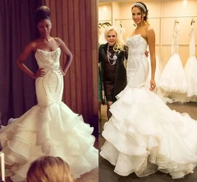 Custom Organza Mermaid Wedding Dress Tiered Beads Crystal Ruffles Bridal Gowns - Image 1 of 4