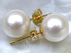 Perfekte Runde Echte Natürliche Weiße Südsee Perle Ohrstecker 14K Gelbgold - Bild 1 von 16