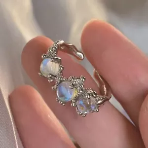 Vintage Womens Silver Ring Moonstone Crystal Ring Jewelry Adjustable Size Rngs - Bild 1 von 8