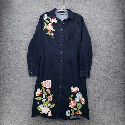 New York & Company Dress Womens M Medium Blue Midi Shirtdress Denim Floral - Image 1 of 4