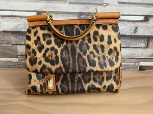 Dolce & Gabbana Brown Leopard Coated Canvas Leather Large Top Handle Sicily Bag - Picture 1 of 9