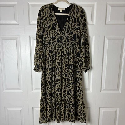 Vestido para mujer Michael Kors mediano negro dorado estampado de cadena midi con capas manga larga Foto 1 de 4