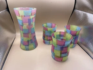 Handgefertigte mehrfarbige 8"" Vase & 3 passende 4,5"" Kerzenhalter 1990er Jahre Glas - Bild 1 von 12