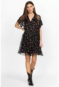 Johnny Was XL Natalia abgestuftes Minikleid aus 100 % Seide Chiffon + Slipper ~ schwarz Blumenmuster - Bild 1 von 5