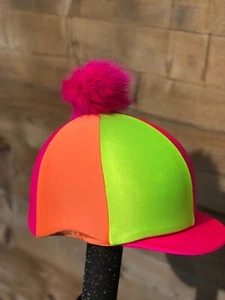 Horse Riding hat silk Fluorescent pink yellow orange fur Pom, Wool,Button Top - Picture 1 of 25
