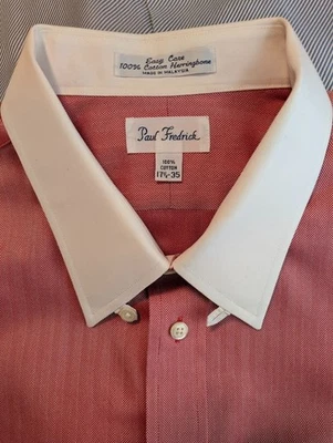 Paul Fredrick Banker's Dress Shirt 17.5-35 French Cuffs Contrast Tab Collar Red - Image 1 of 4