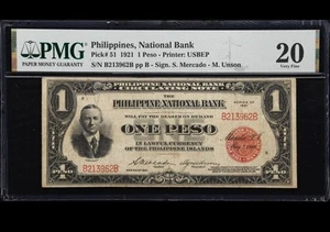 1921 Philippines National Bank 1 Peso Banknote PMG VF 20 - Picture 1 of 2