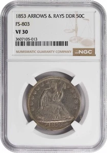 1853 Liberty Seated Silver Half Dollar Arrows & Rays FS-803 VF30 NGC - Picture 1 of 2