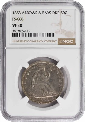 1853 Liberty Seated Silver Half Dollar Arrows & Rays FS-803 VF30 NGC - Image 1 of 2