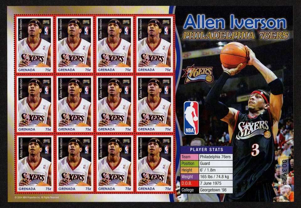 GRENADA, SCOTT # 3473, MNH FULL SHEET - NBA BASKETBALL PLAYER ALLEN IVERSON 2004 - Image 1 of 1