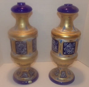 2 Ferro Italy Opaline Murano 15" Table Lamp Hand Painted Blue Glass Signed Parts - Picture 1 of 15