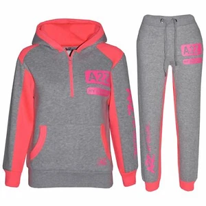 Kids Girls Grey & Neon Pink Tracksuit A2Z NY Deluxe Stars Hoodie With Joggers - Picture 1 of 5