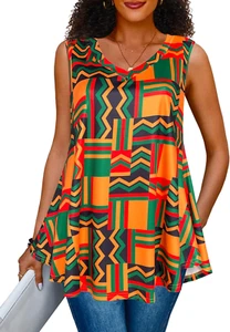 Summer Tops for Women Sleeveless V Neck Tshirt Loose Fit African Dashiki Tank Tu - Picture 1 of 16
