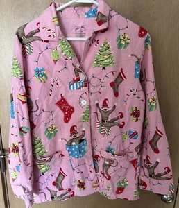 Nick & Nora Pajama Top Pink Sock Monkey Christmas Tree Lights Button Down Size M - Picture 1 of 8