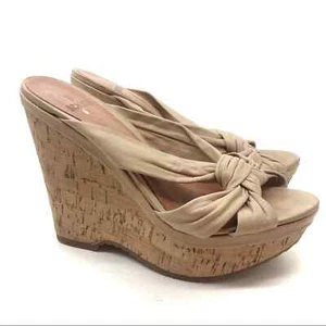 Schutz front knot tan beige wedge high sandal leather open toe summer women 8 - Picture 1 of 7