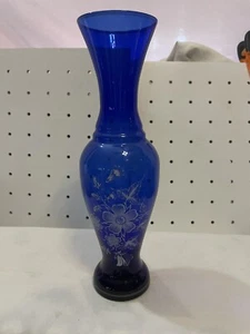 Cobalt Blue Floral Glass Vase 10” 19.99 Vintage - Picture 1 of 3
