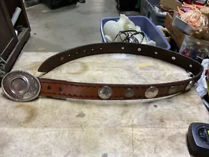 Leather Western Silver Concho Buffalo Nickel Walking Liberty Half Belt 34”Cowboy - Picture 1 of 13