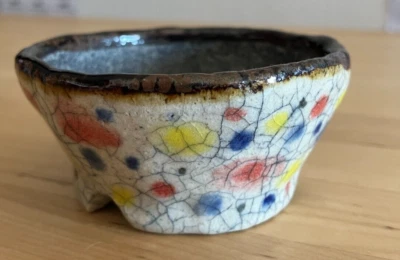 Japanese bonsai pot ECHIZEN BUNZAN signed round multicolor glazed New φ3" #n25 - Image 1 of 4