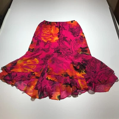Chico's Womens 100% Silk Ruffle Hem Floral Graphic Print Pink Orange Black Sz 1 - Image 1 of 4