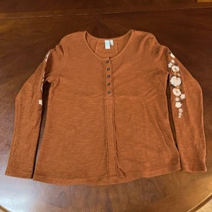 Aventura Women’s Henley Shirt Small Organic Cotton Orange Floral Embroidery Boho - Picture 1 of 13