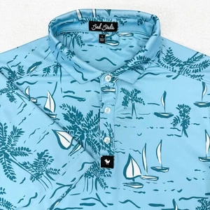 Bad Birdie Golf Polo Shirt Men's Size Large Blue Coastal Sailboat Print Stretch - Picture 1 of 12