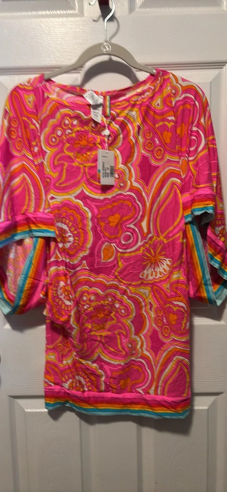 Trina Turk туника плавать прикрыть платье розовый оранжевый цветочный кафтан стиль - Изображение 1 из 2