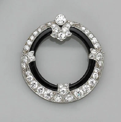 Art Deco 2.92CT European Cut Black Onyx Cubic Zirconia In 935 Silver Brooch Pin - Image 1 of 3