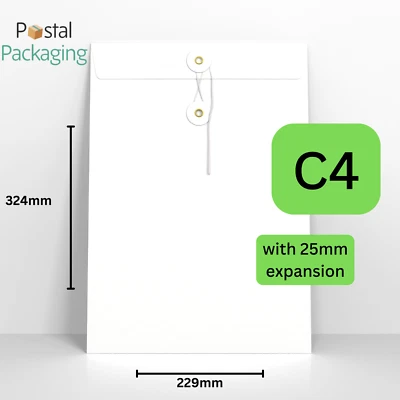 C4 (324x229mm) WHITE String and Washer 25mm GUSSET Envelopes Button Tie Reusable - Image 1 of 4