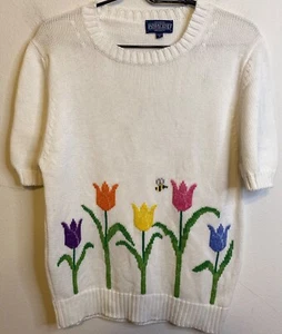 Vintage LANDS END Short Sleeve Sweater Tulip Flowers Bee White Women Medium - Picture 1 of 3