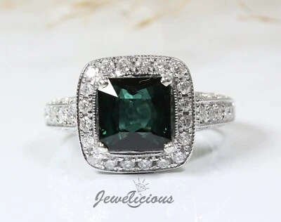 14K White Gold Natural Diamonds and Green Tourmaline Halo Unique Ring - Imagem 1 de 4