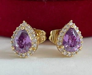 Luxus Ohrringe Ohrstecker Zirkon Lila 585er Rolled Gelbgold 14K vergoldet Damen - Bild 1 von 7