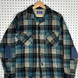 Pendleton kariertes Woll Langarm Hemd Gr. Large getragen repariert 80er blau schwarz - Bild 1 von 8