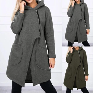 PLUS SIZE ⭐ Women Zipper Fleece Hooded Warm Pockets Sweatshirt Long Coat Blouse - Picture 1 of 23