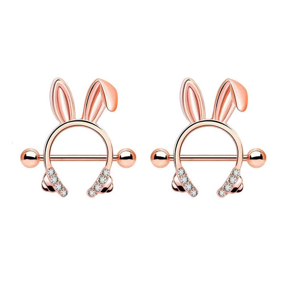 Par de protectores para pezones enchapados en oro rosa orejas de conejo calibre 14 9/16 pulgadas barra F216 Foto 1 de 1