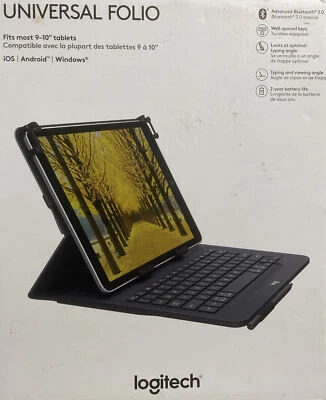 NEW- Logitech Universal Folio Integrated Bluetooth 3.0 Keyboard for 9-10" Tablet - Image 1 of 4