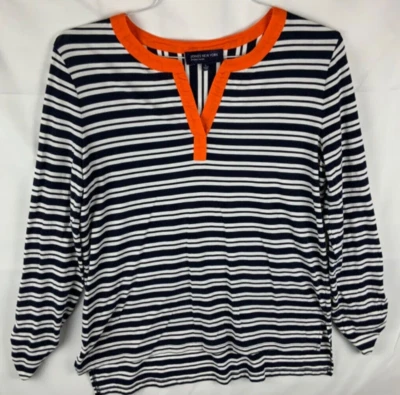 Camisa Jones New York Tejida Talla Grande Azul Marino Rayas Cuello en V Firma Pestaña Enrollable Foto 1 de 4