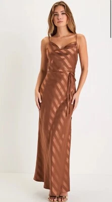 Lulu's NWT Sleek Bronze Satin Striped Backless Cowl Maxi Dress - Large - Image 1 of 4